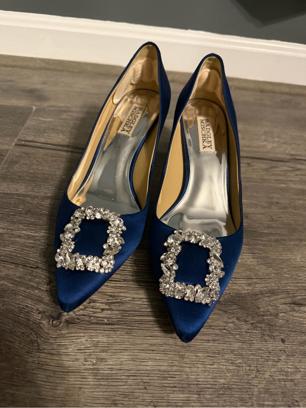 Badgley Mischka Sapphire Blue Satin Pointed Toe Pumps with Crystal Buckles
